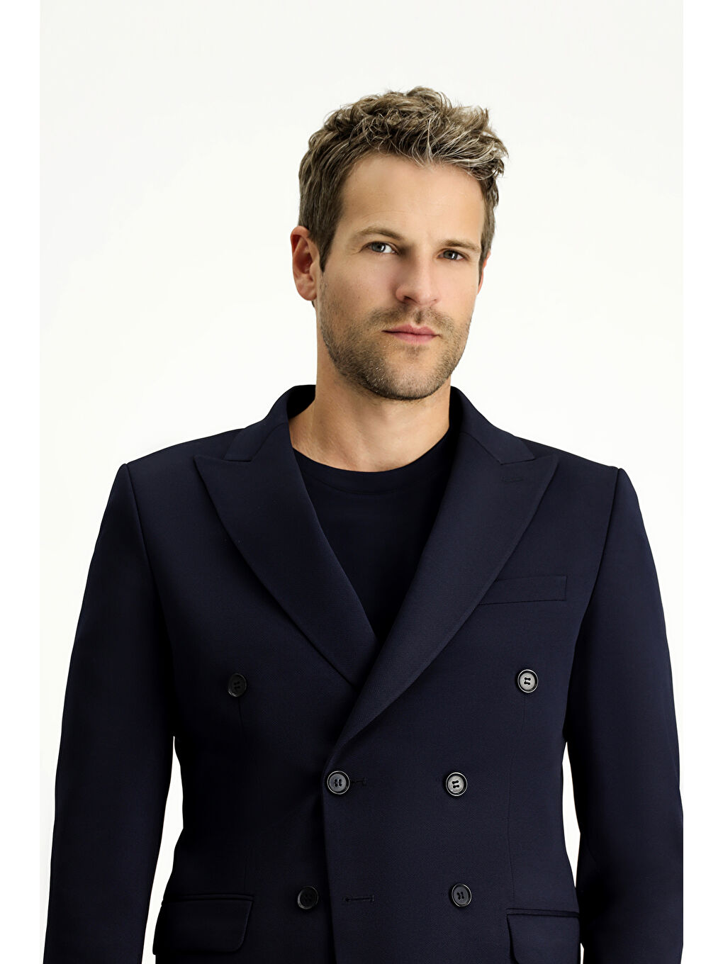 Lacivert Slim Fit Dar Kesim Kruvaze Ceket-3