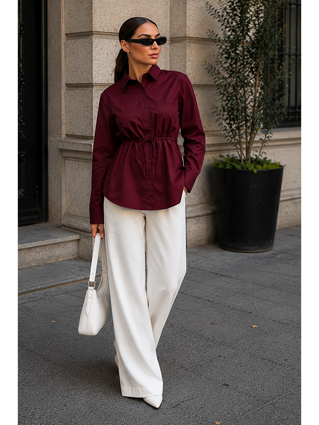 Bordo Belden Bağlamalı Oversize Cepli Gömlek Mg2798