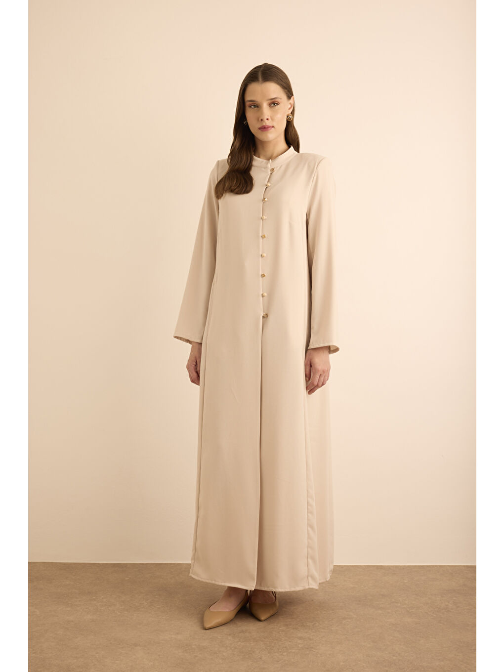 Bej Taş Brit Düğme Detaylı Ferace-5