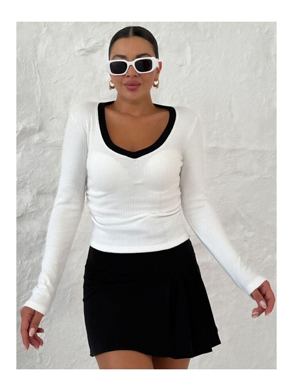 Karışık Kadın Beyaz Lila Pembe V Yakalı Biyeli Uzun Kollu İnterlok Bluz-1