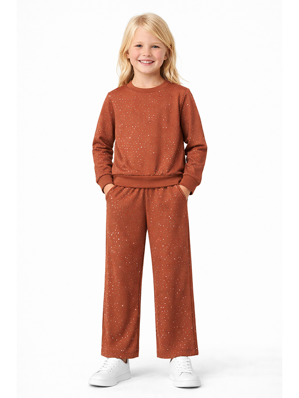 Ekru Bisiklet Yaka Taş Baskılı Kiremit Renk Kız Çocuk Ikili Takım