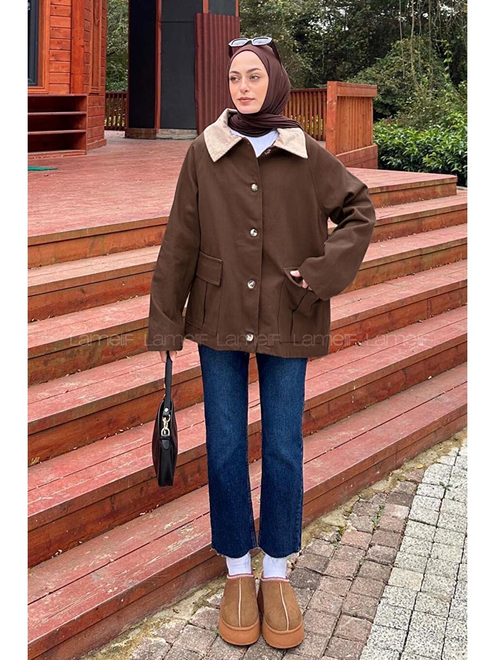 Kahverengi Yaka Detaylı Düğmeli Gabardin Ceket Koyu Kahve