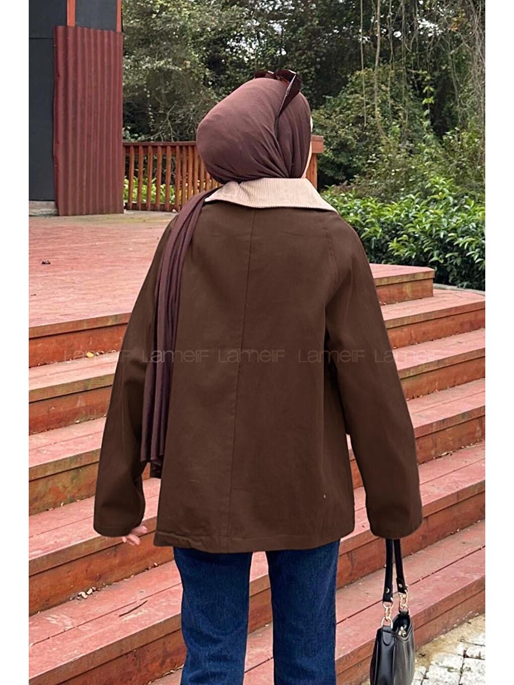 Kahverengi Yaka Detaylı Düğmeli Gabardin Ceket Koyu Kahve-1