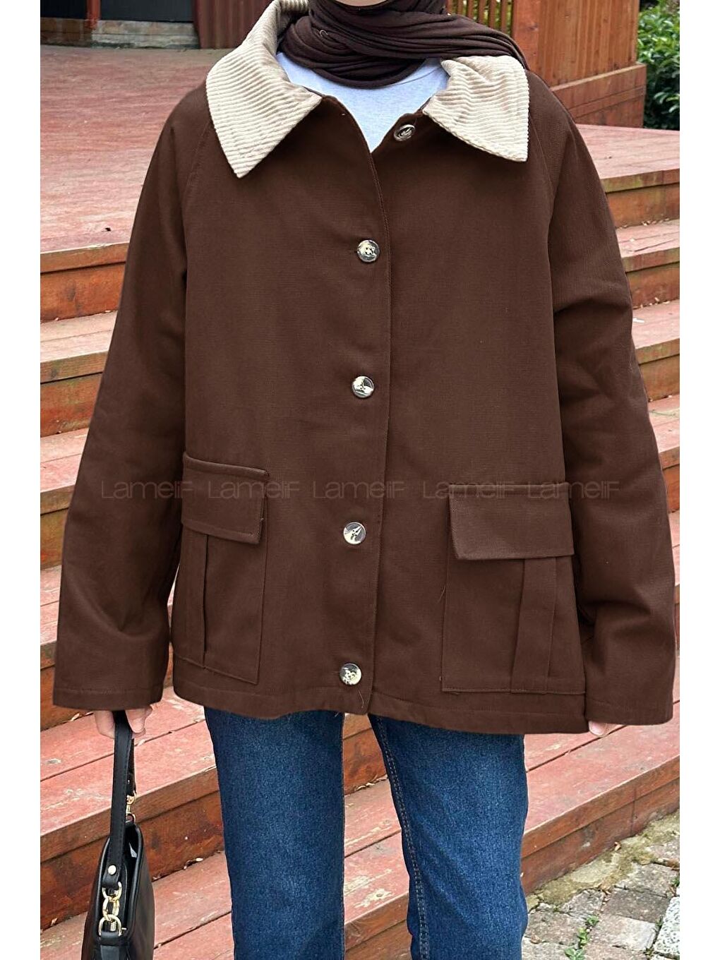 Kahverengi Yaka Detaylı Düğmeli Gabardin Ceket Koyu Kahve-2