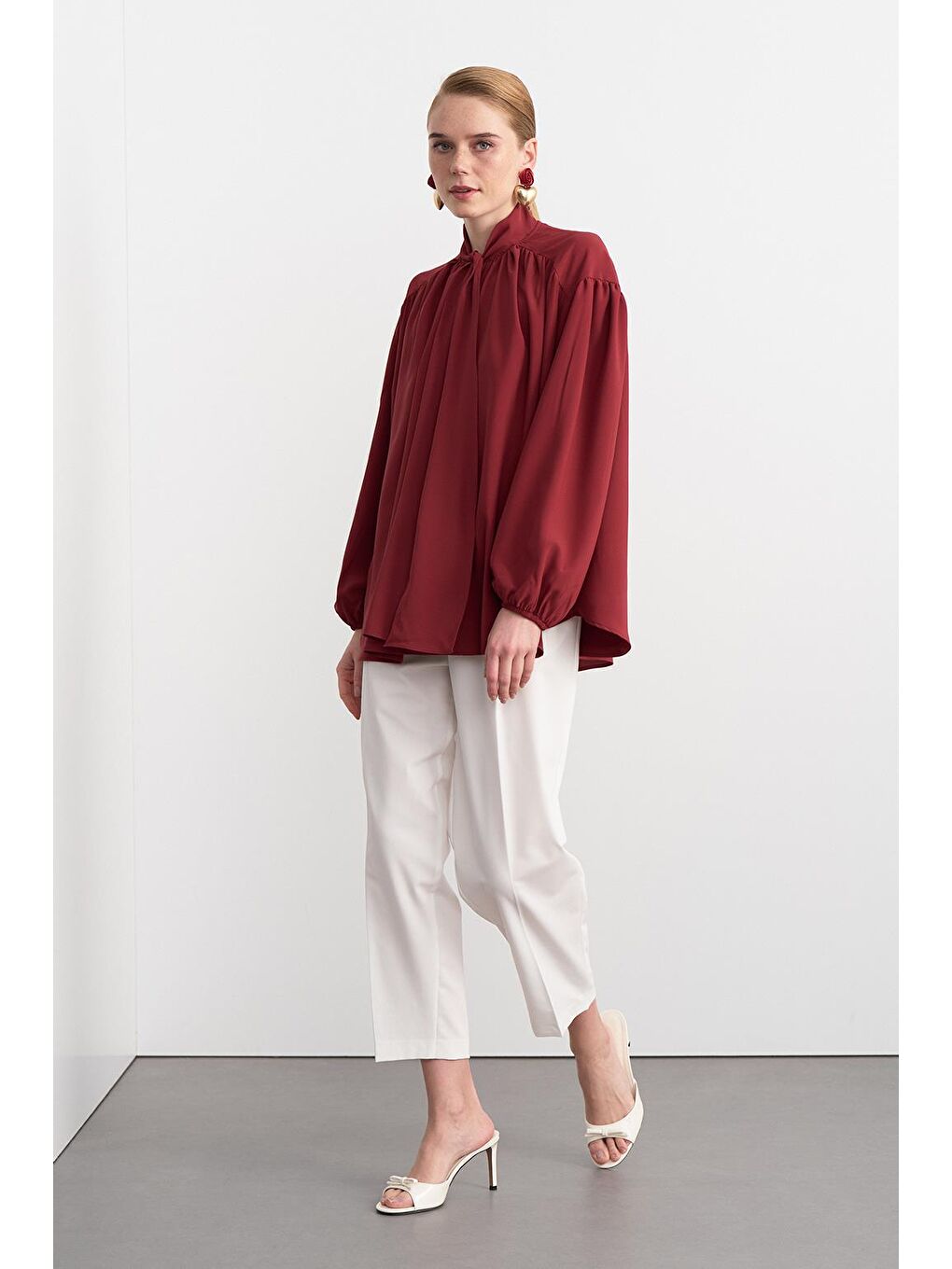 Melsa Büzgülü Fularlı Gömlek Bordo-1