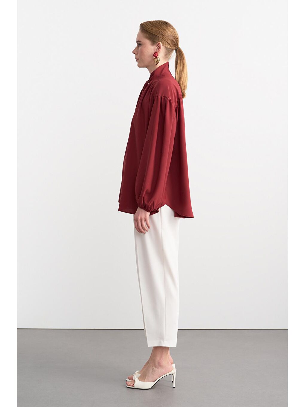 Melsa Büzgülü Fularlı Gömlek Bordo-3