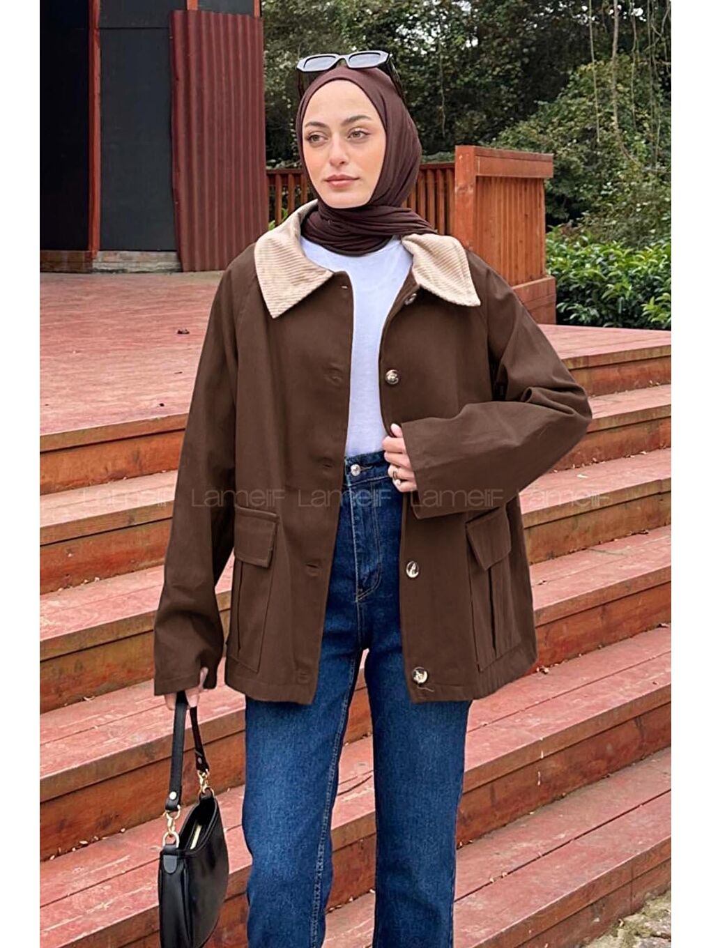 Kahverengi Yaka Detaylı Düğmeli Gabardin Ceket Koyu Kahve-3