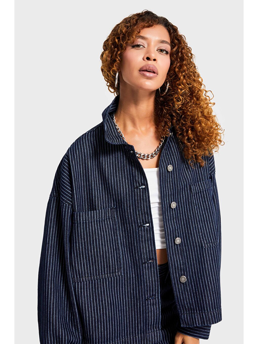 Kadın Çizgili Mavi Renk 19w5-33 Oversize Özel Kumaş Denim Gömlek-3