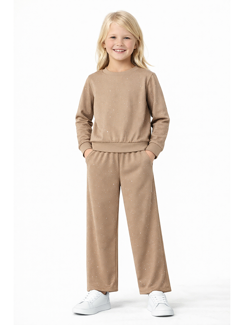 Bej Bisiklet Yaka Taş Baskılı Vizon Renk Kız Çocuk Ikili Takım