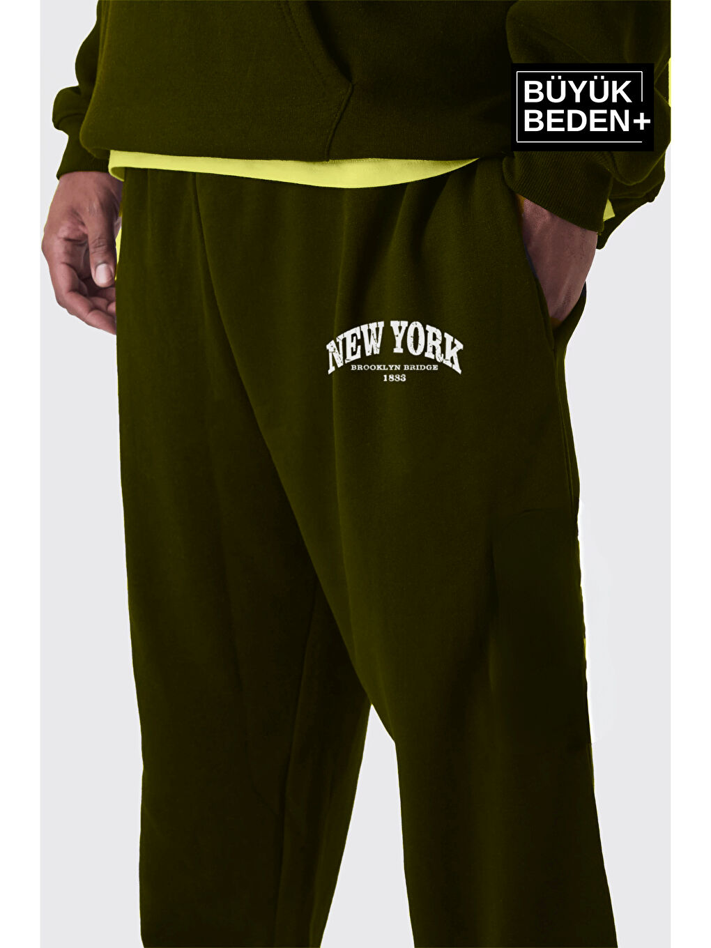 Haki Paça Lastikli New York Baskılı İnce Erkek Büyük Beden Jogger Eşofman Altı SPR24BEA48-1