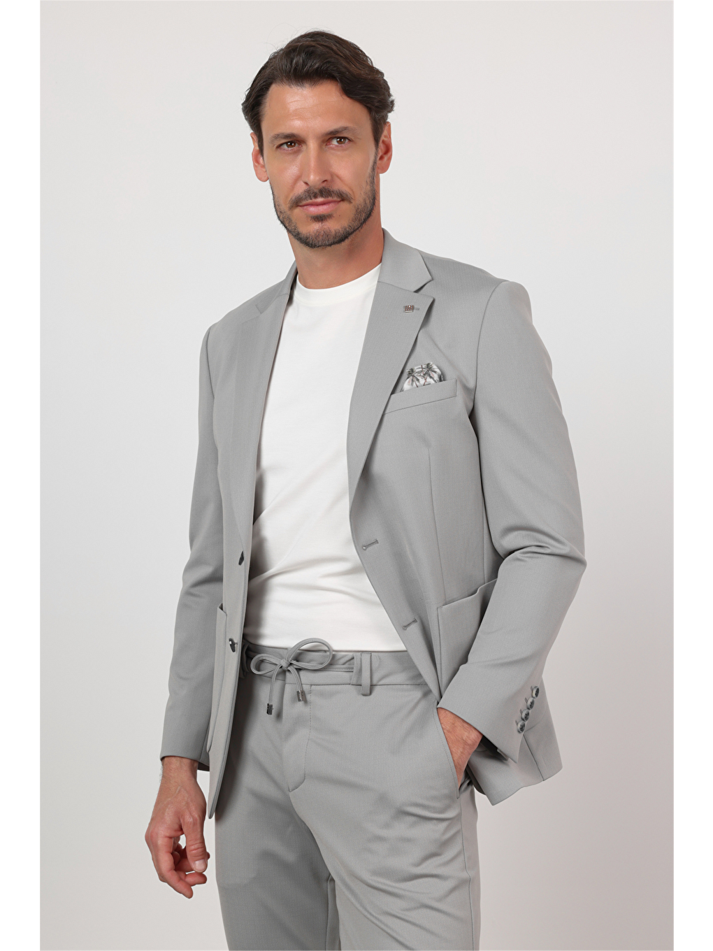 Gri Kendinden Desenli Mono Yaka 6 Drop Slim Fit Takım Elbise 1001260166-3