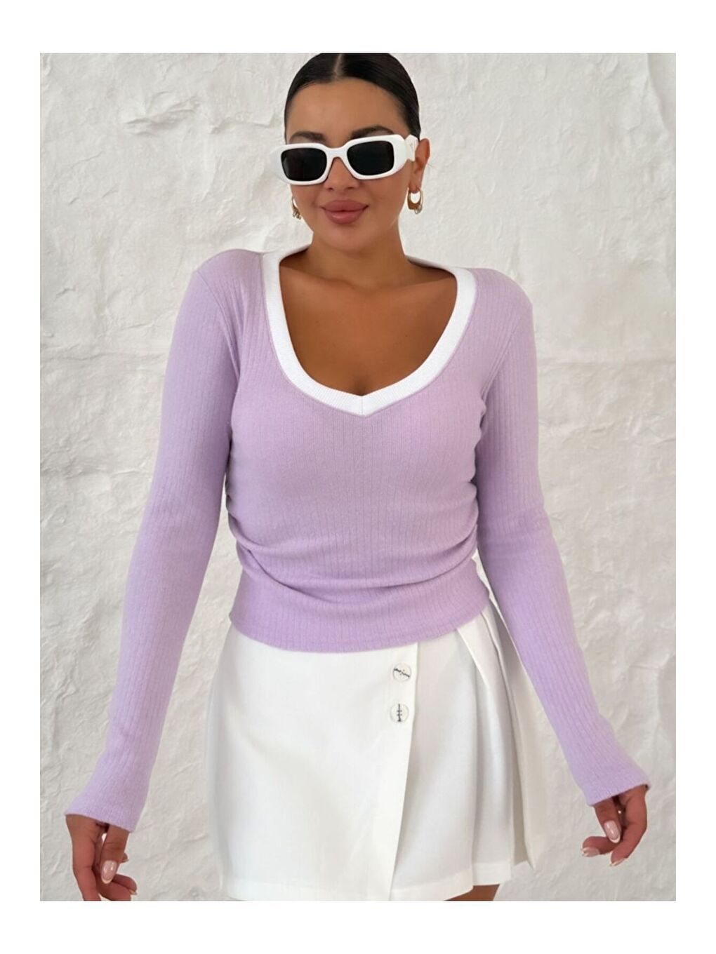 Karışık Kadın Beyaz Sarı Lila V Yakalı Biyeli Uzun Kollu İnterlok Bluz-3