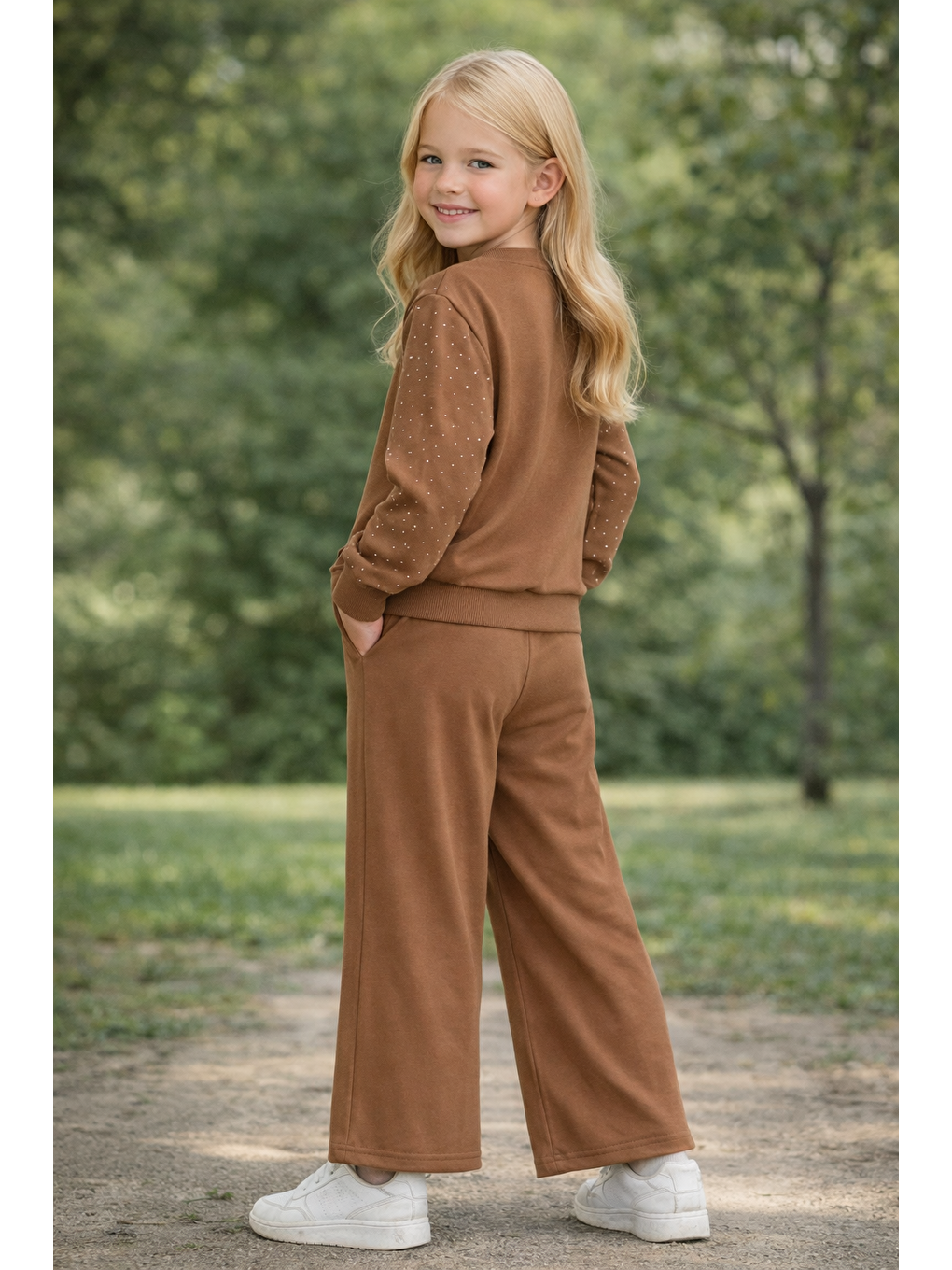 Kahverengi Bisiklet Yaka Taş Baskılı Tarçın Renk Kız Çocuk Ikili Takım-1