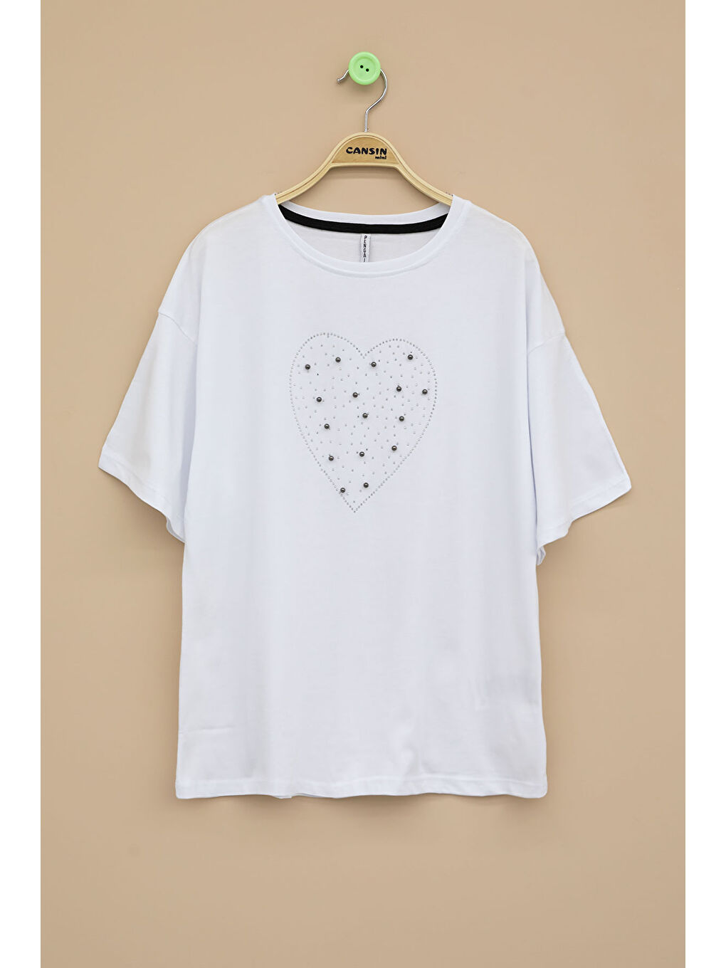 Ekru Payetli Kalp Desenli Kısa Kol Kız Çocuk Oversize Tişört 20791