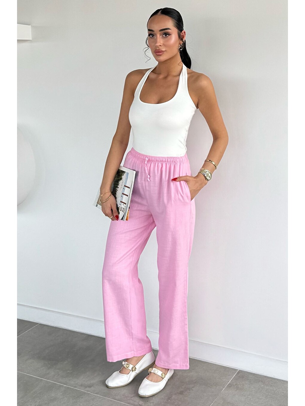 Pembe Kadın Bel Lastikli Keten Pantolon