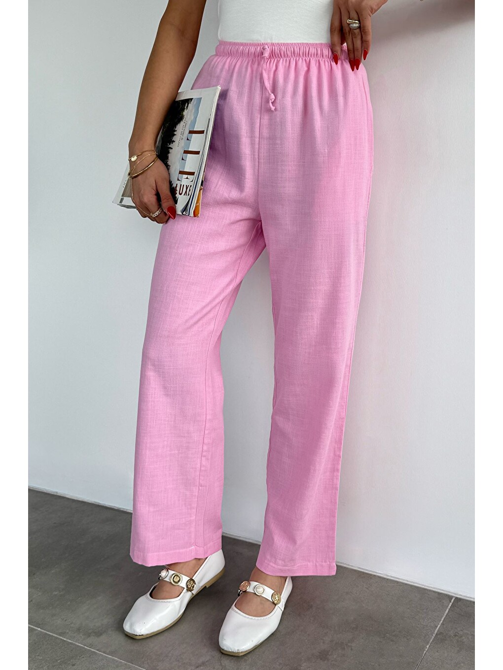 Pembe Kadın Bel Lastikli Keten Pantolon-1