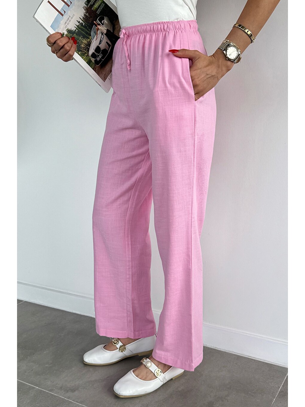 Pembe Kadın Bel Lastikli Keten Pantolon-2