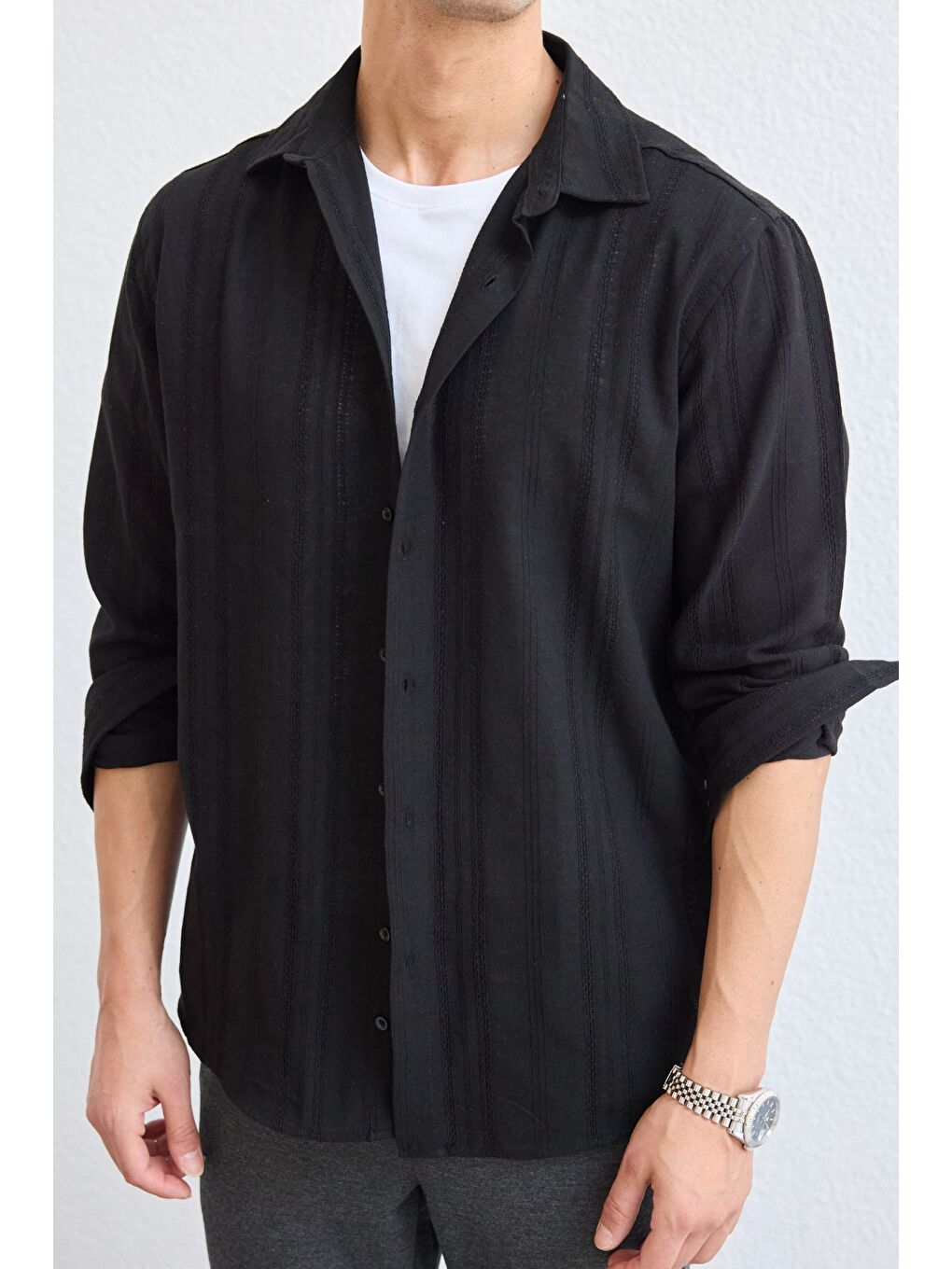 Siyah Yuji Kendinden Desenli Keten Görünümlü Pamuk Oversize Erkek Gömlek-6
