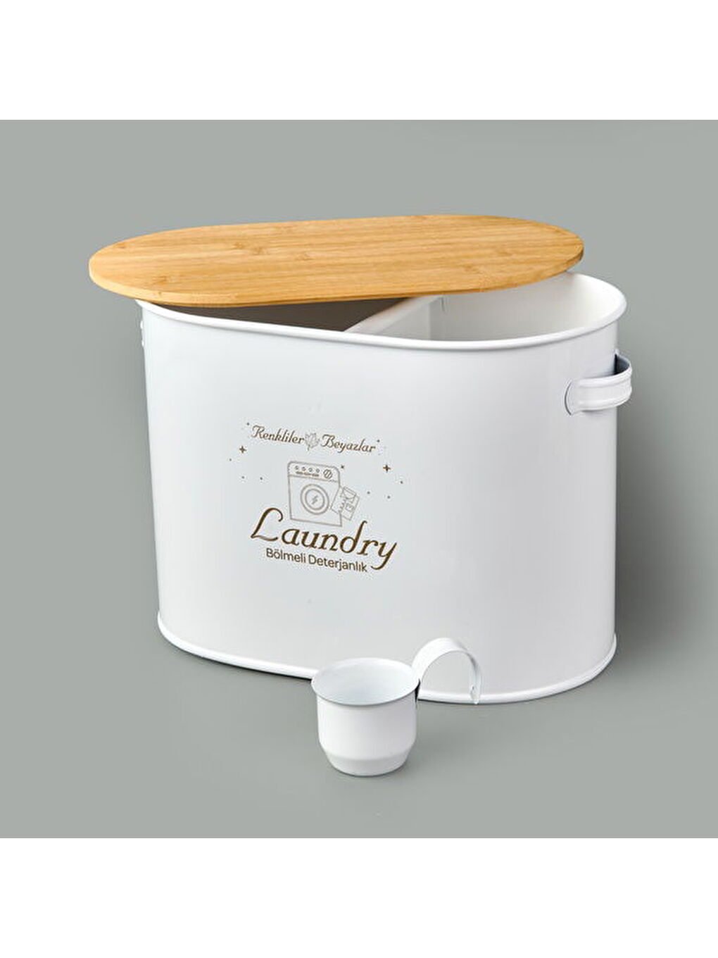 Bath 2 Bölmeli Ahşap Kapaklı Metal Deterjan Kutusu - Beyaz - 12 lt-2