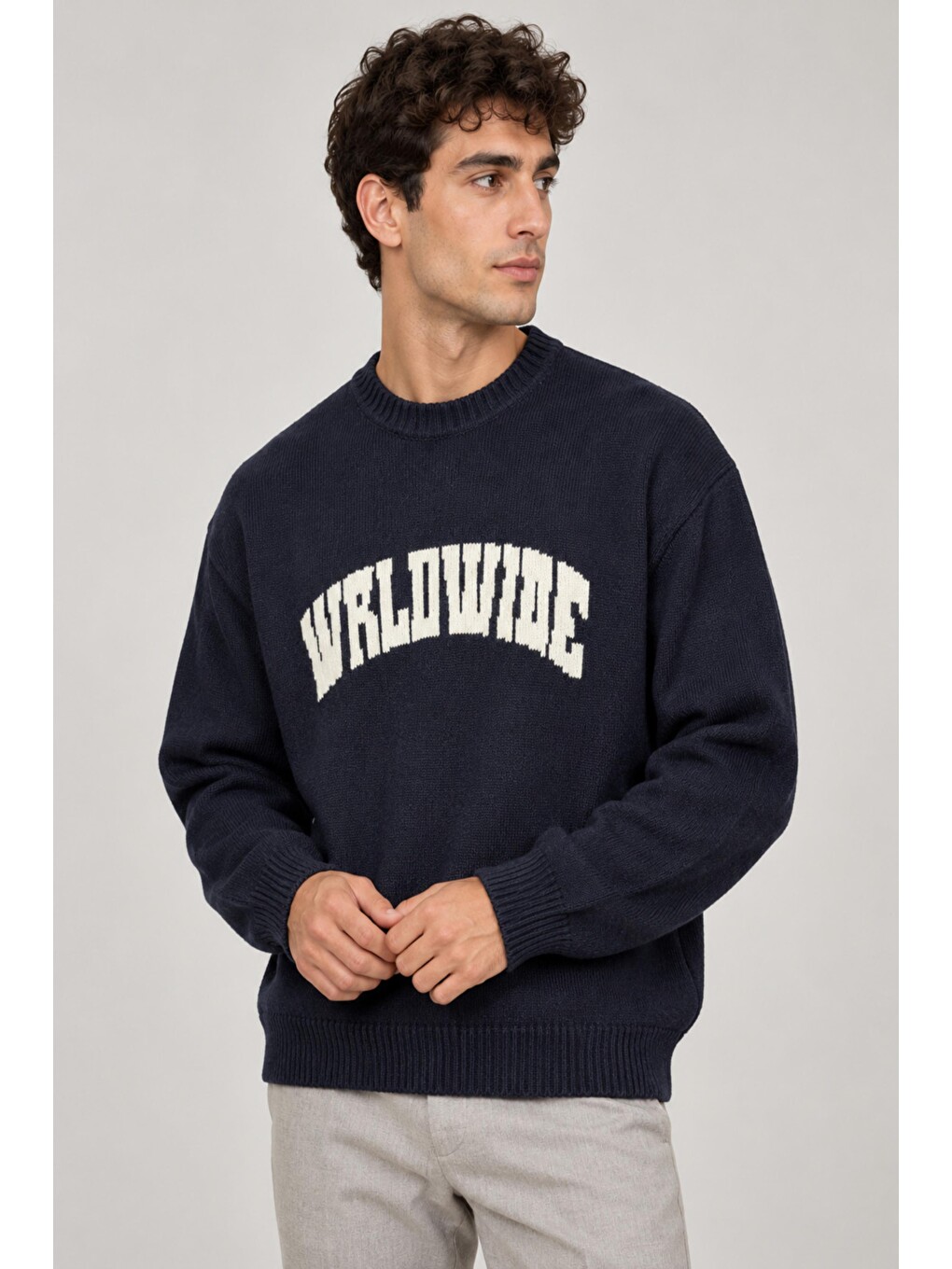 Lacivert Baskılı Oversize Örgü Kışlık Kazak Dp 16596_10072-1