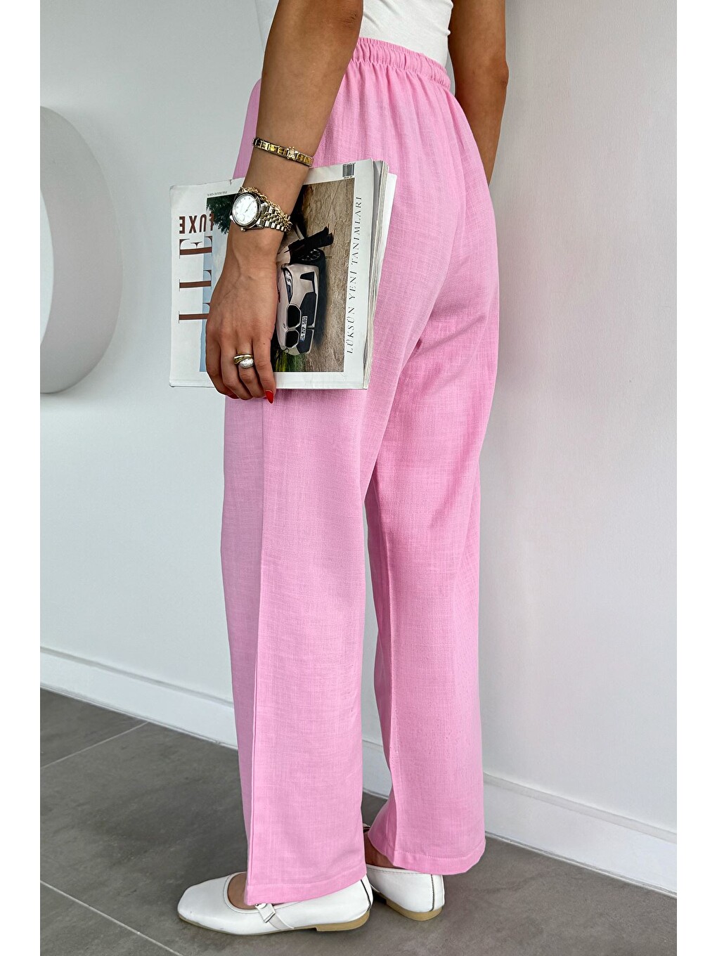 Pembe Kadın Bel Lastikli Keten Pantolon-3