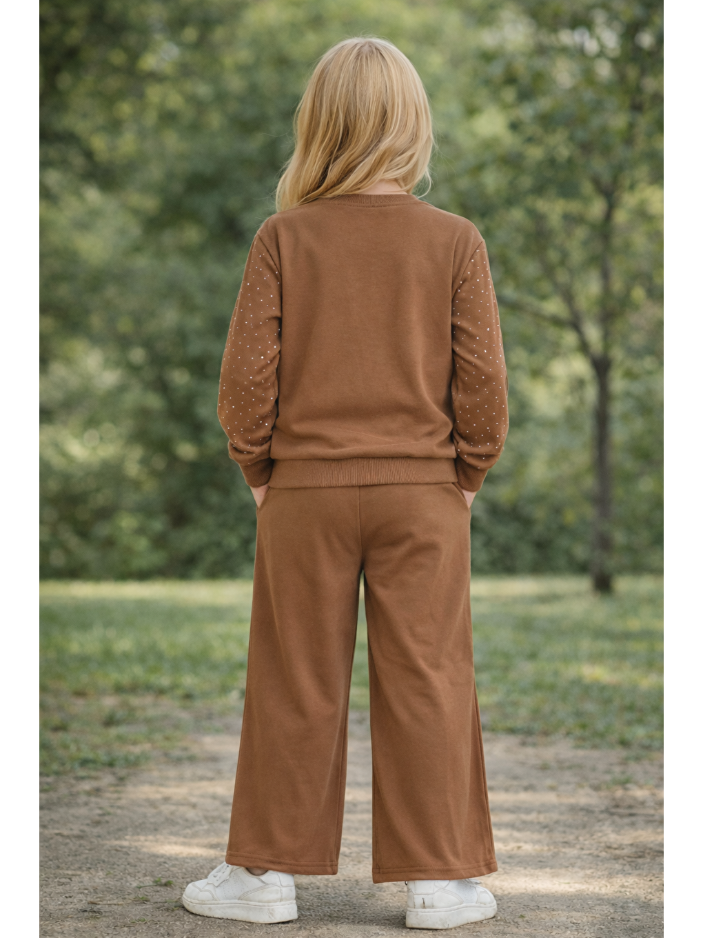 Kahverengi Bisiklet Yaka Taş Baskılı Tarçın Renk Kız Çocuk Ikili Takım-2