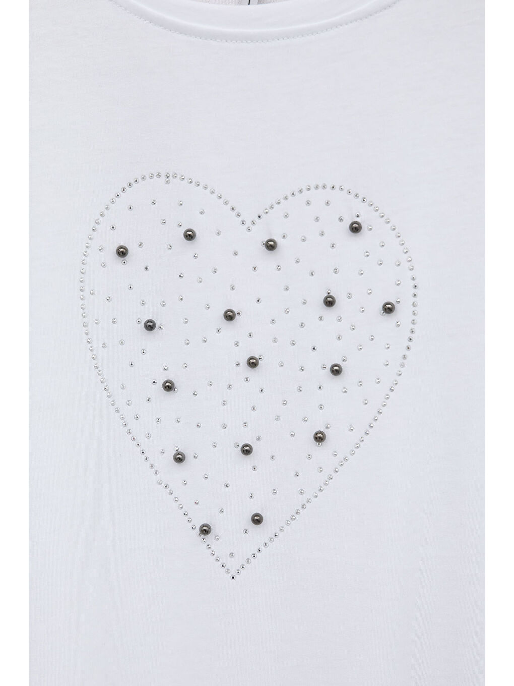 Ekru Payetli Kalp Desenli Kısa Kol Kız Çocuk Oversize Tişört 20791-1