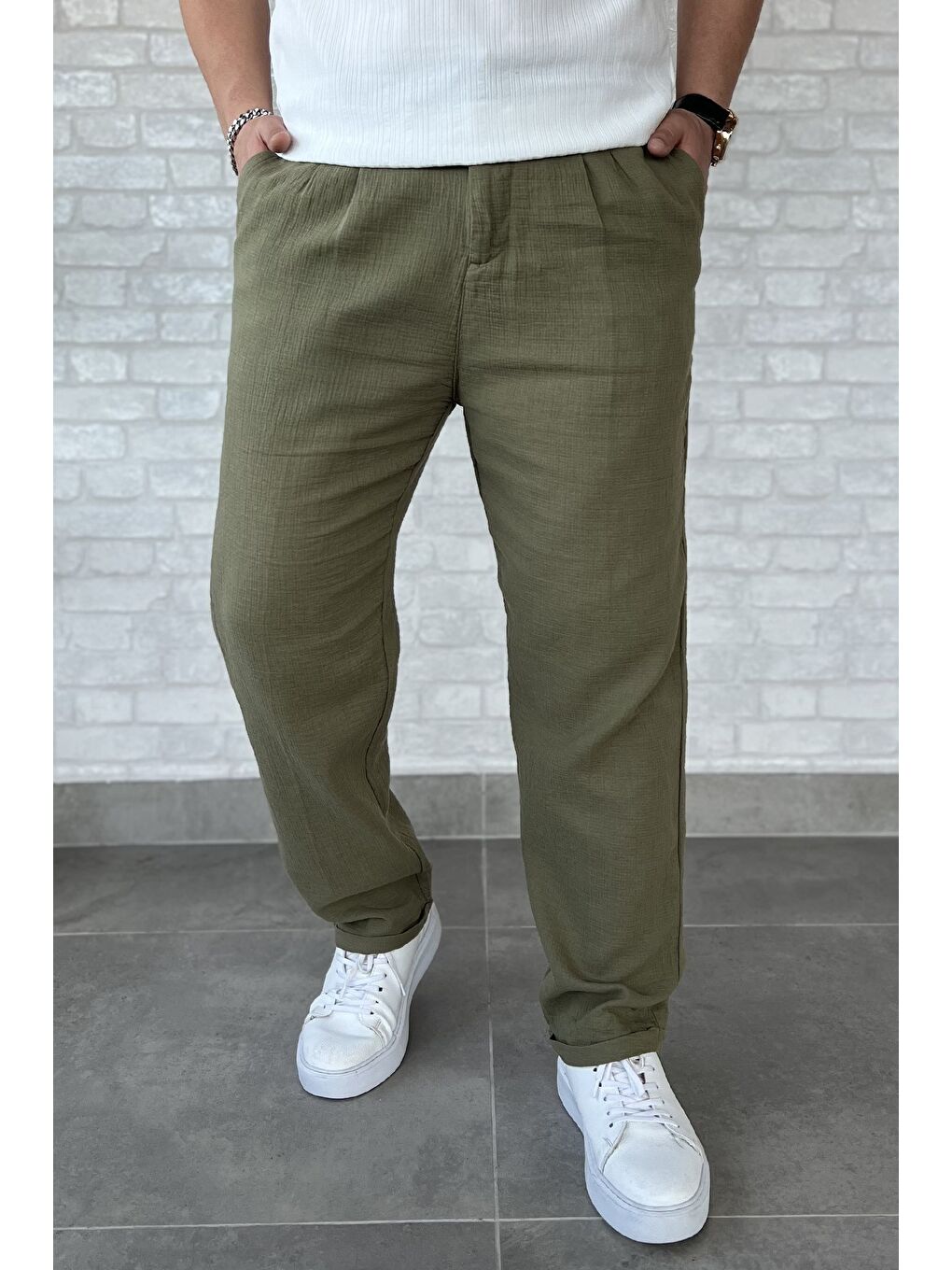 Haki Erkek Pileli Duble Paça Pantolon