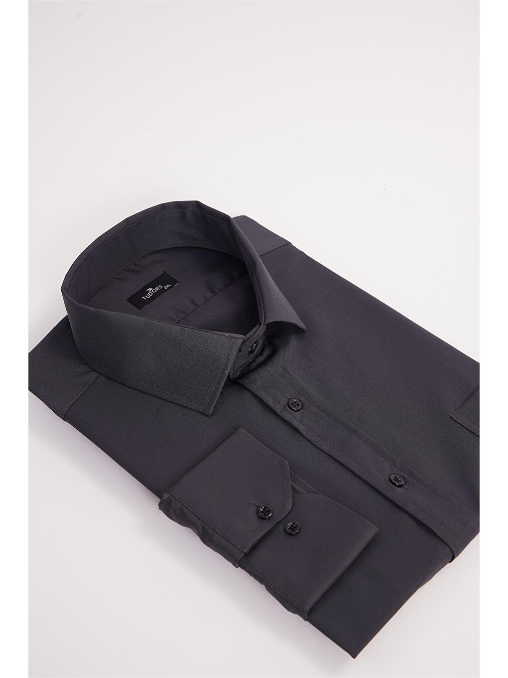 Erkek Big Size Büyük Beden Uzun Kollu Pamuklu Tek Cepli Saten Antrasit Gömlek-1