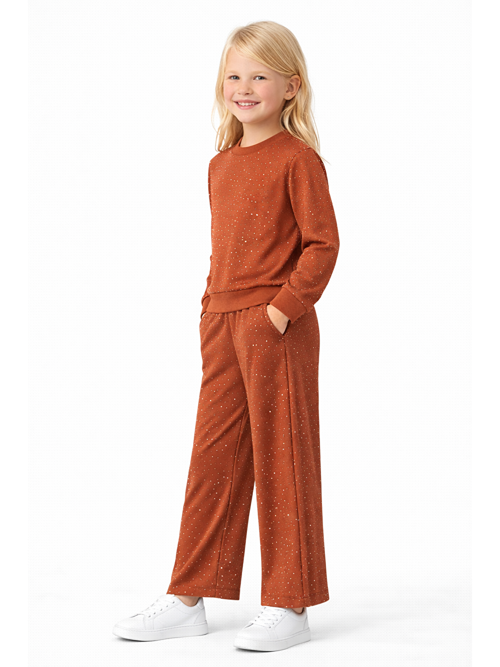 Ekru Bisiklet Yaka Taş Baskılı Kiremit Renk Kız Çocuk Ikili Takım-1