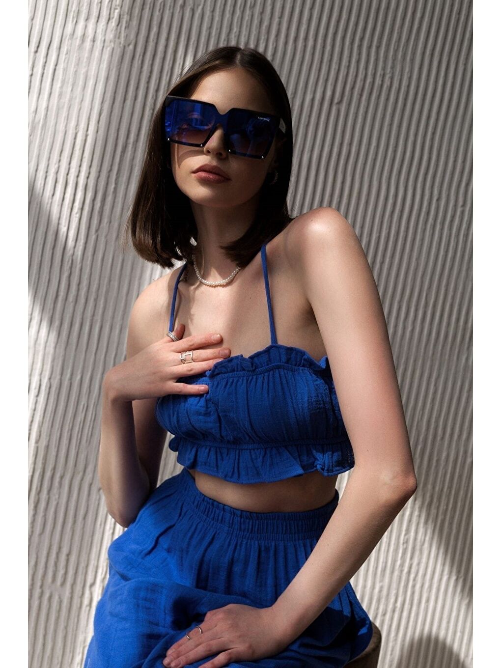 Harvey Saks Mavi Müslin Crop Takım-1