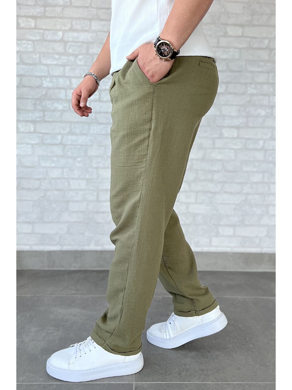 Haki Erkek Pileli Duble Paça Pantolon-1