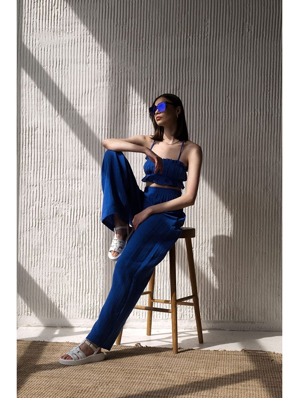 Harvey Saks Mavi Müslin Crop Takım-2