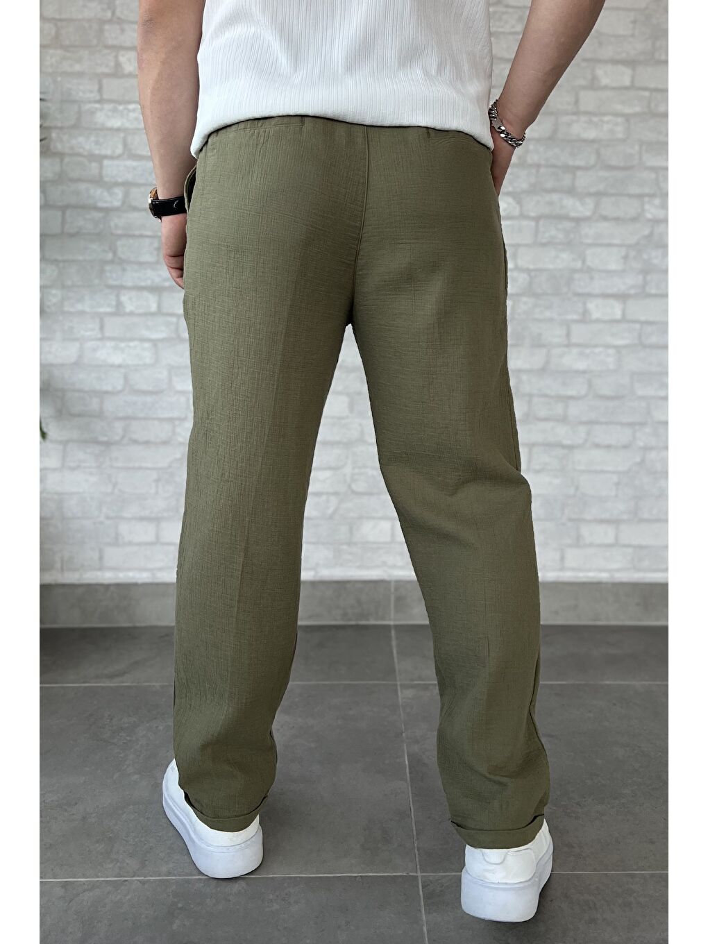 Haki Erkek Pileli Duble Paça Pantolon-2