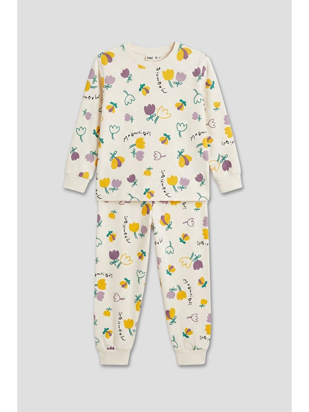 Ekru Magnifi Ove Yazılı Lale Baskılı Kız Çocuk Pijama Takımı-1