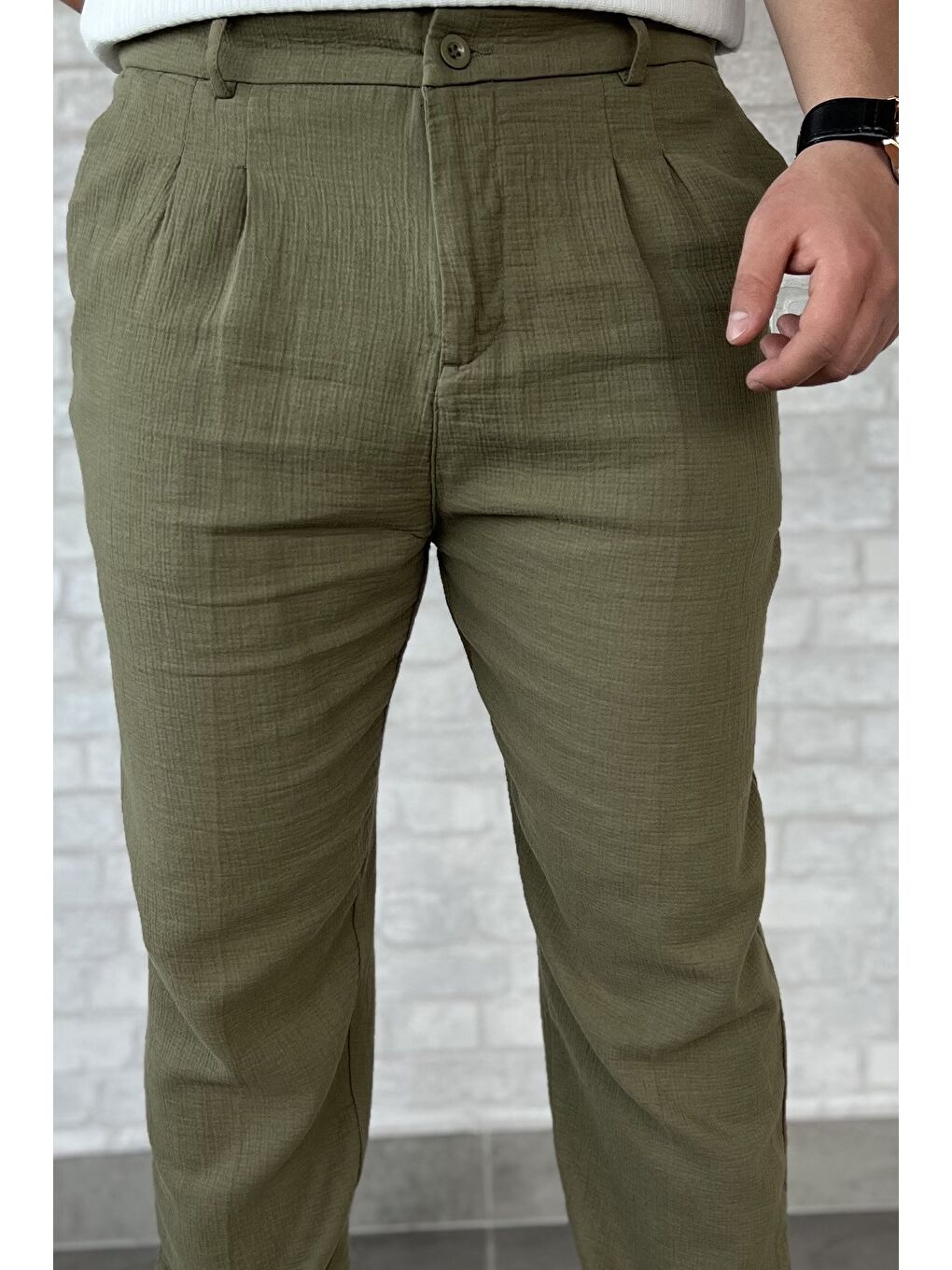 Haki Erkek Pileli Duble Paça Pantolon-3