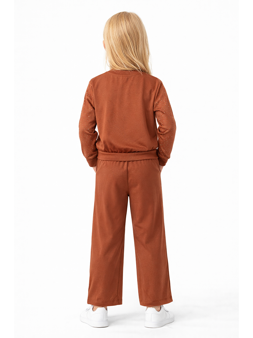 Ekru Bisiklet Yaka Taş Baskılı Kiremit Renk Kız Çocuk Ikili Takım-2