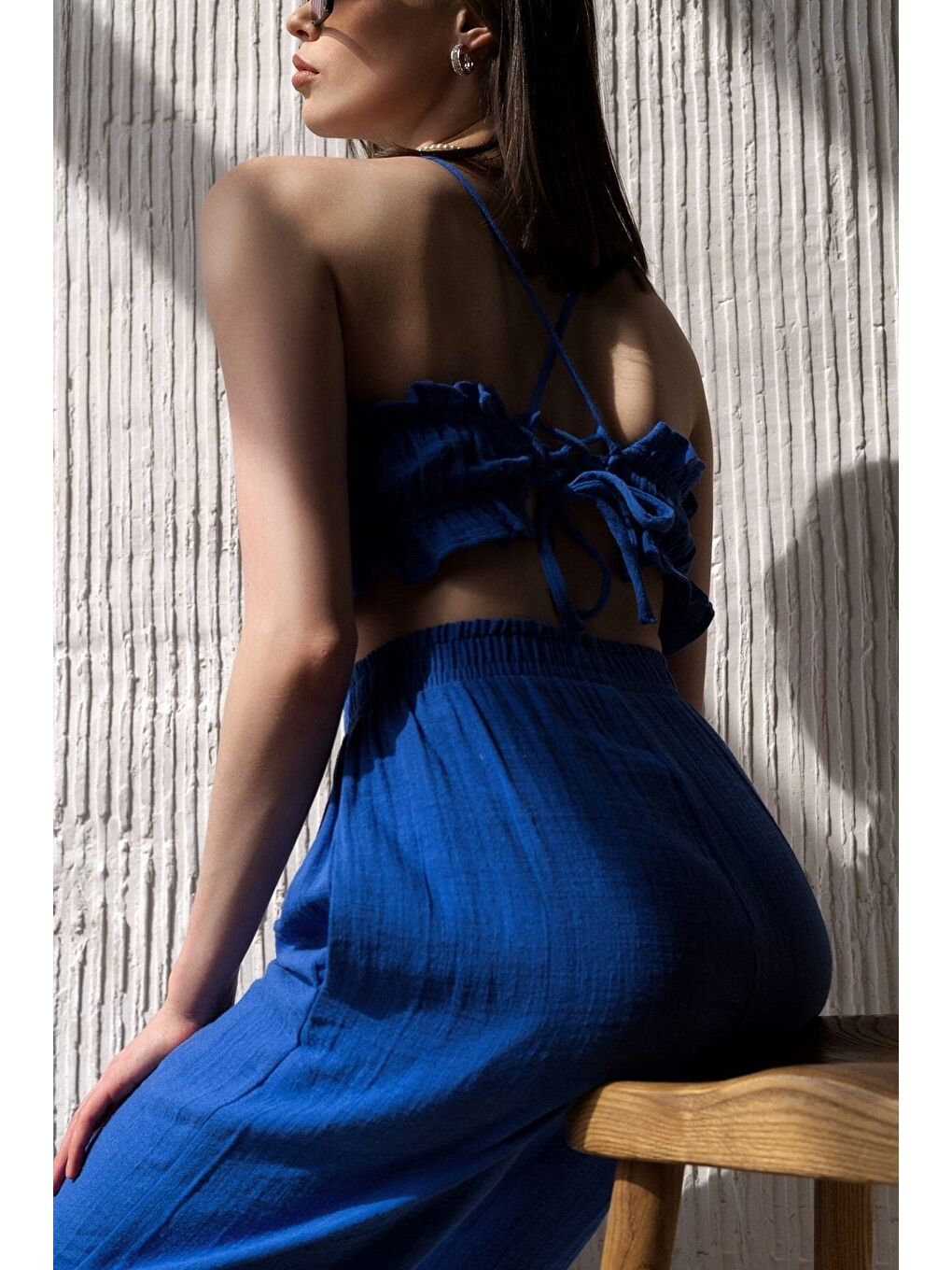 Harvey Saks Mavi Müslin Crop Takım-3