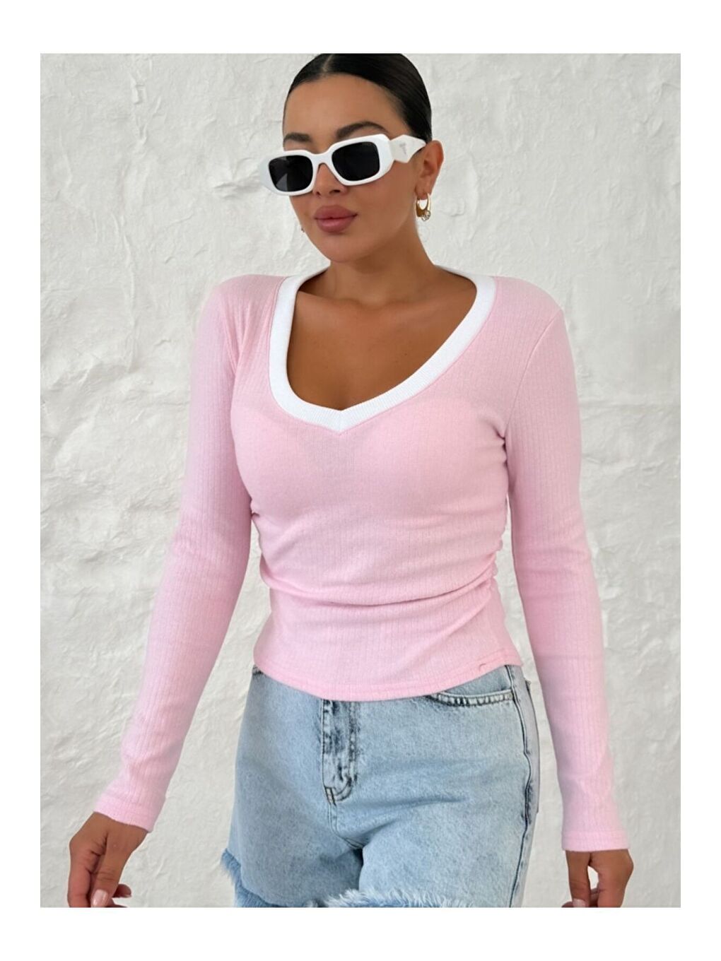 Karışık Kadın Beyaz Lila Pembe V Yakalı Biyeli Uzun Kollu İnterlok Bluz-3