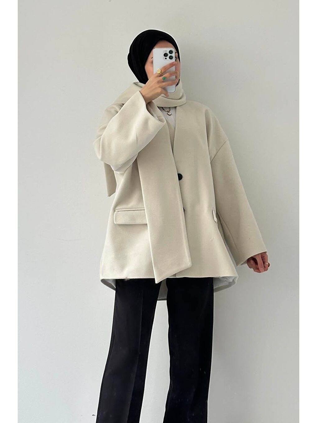 Ekru Atkılı Kaşe Kaban Krem-2