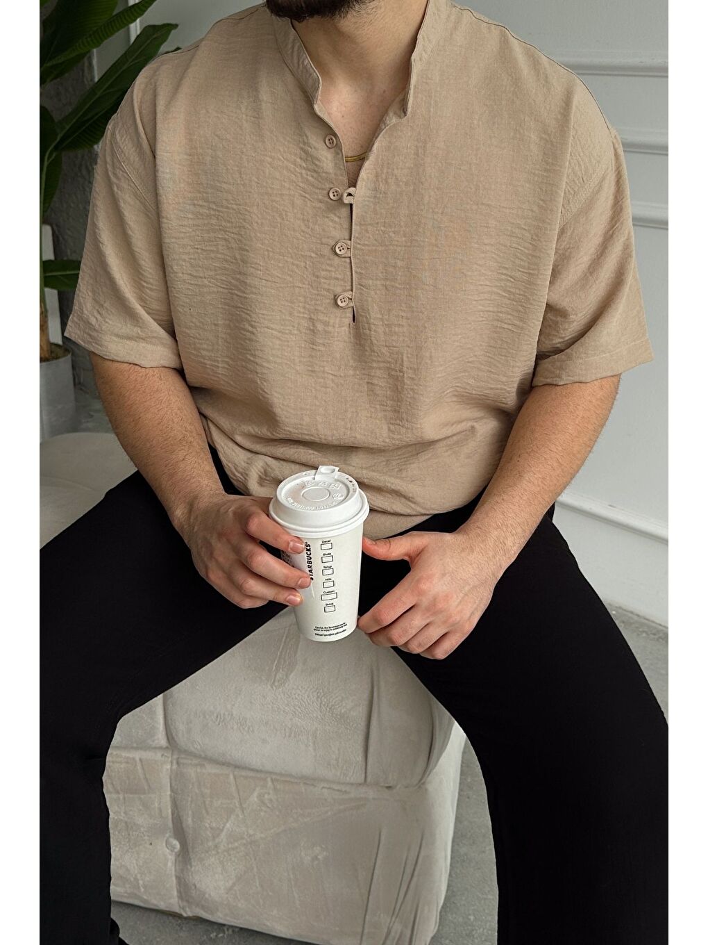 Bej Soro Erkek Oversize Keten Görünümlü Kısa Kol Hakim Yaka Yarım Pat Gömlek-7