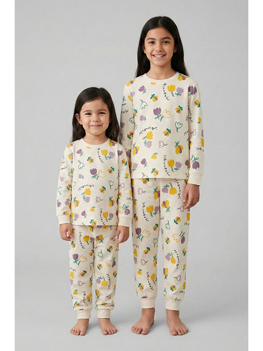 Ekru Magnifi Ove Yazılı Lale Baskılı Kız Çocuk Pijama Takımı-2