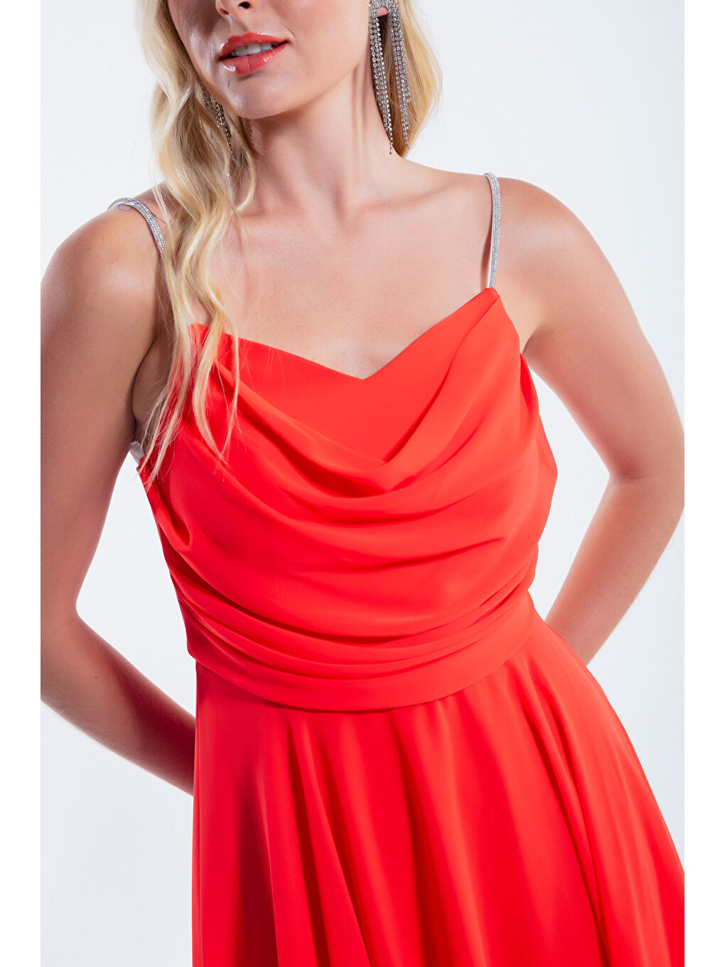 Pembe Kadın Mercan Taş Askılı Midi Abiye Elbise-1