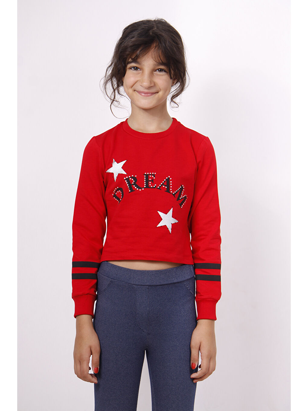 Kırmızı Kız Çocuk Yıldızlı Dream Baskılı Sweatshirt-1