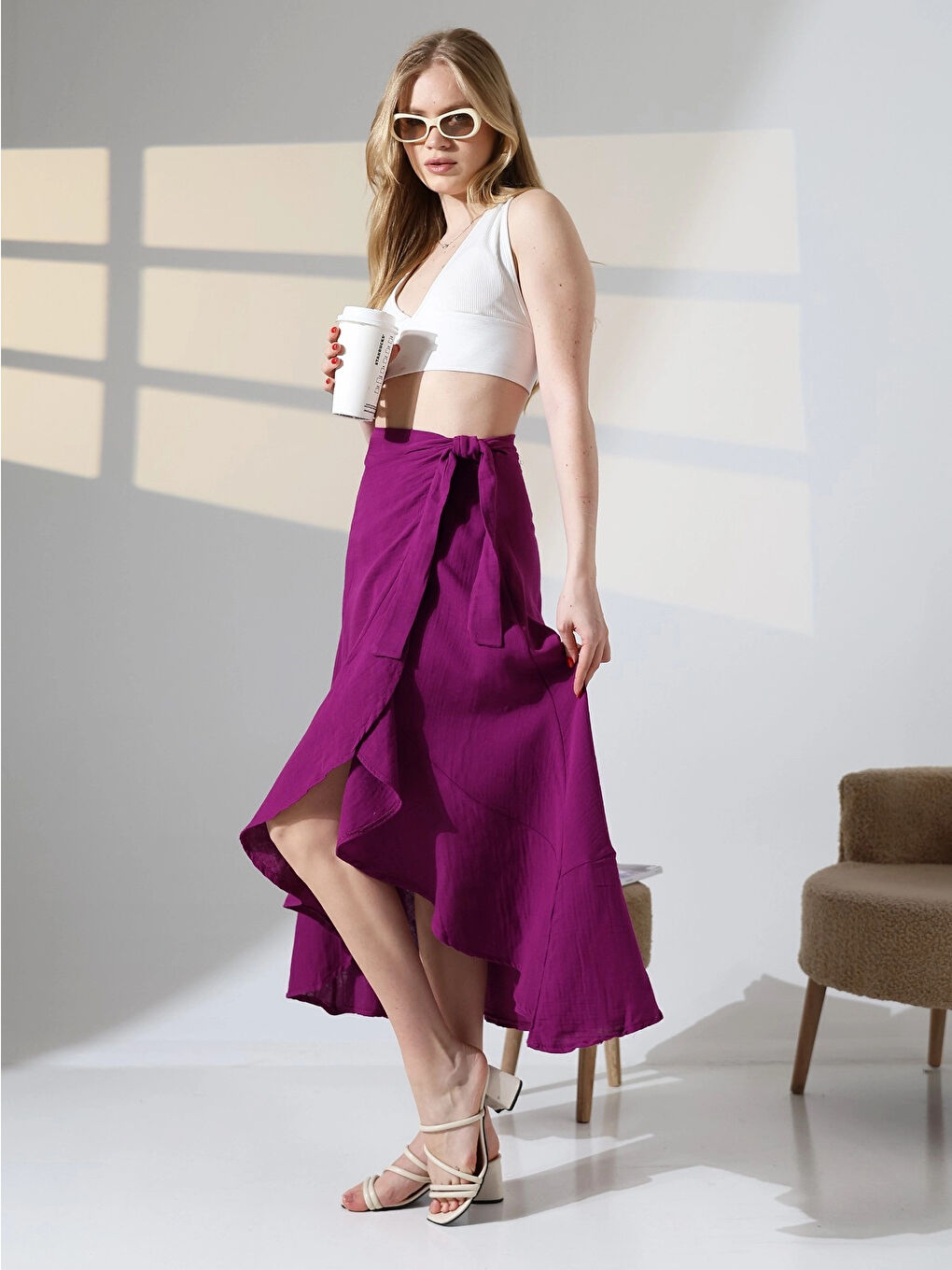 Kadım Mor Belden Bağlamalı Asimetrik Müslin Etek HZL25S-DSB117801-1