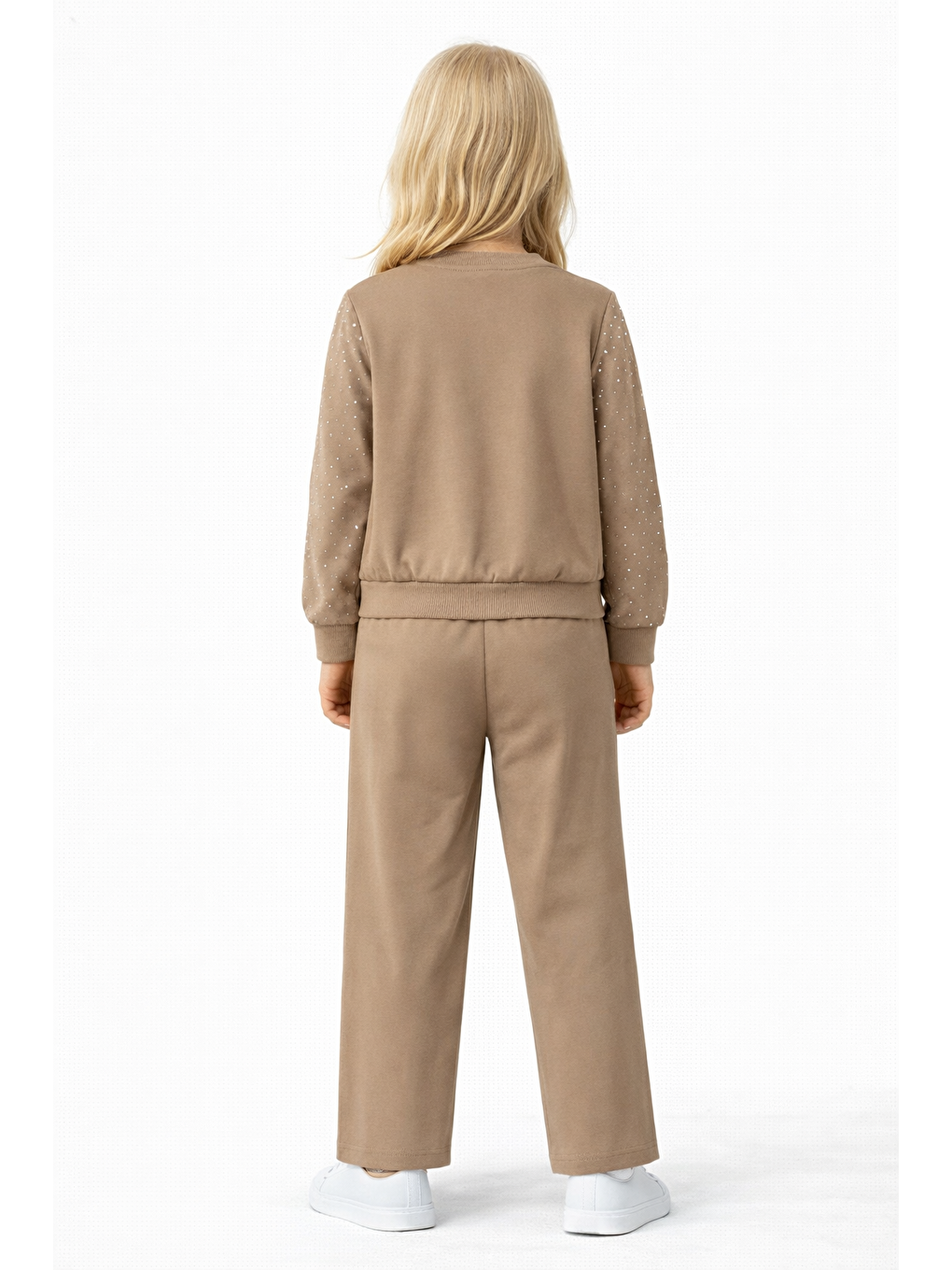 Bej Bisiklet Yaka Taş Baskılı Vizon Renk Kız Çocuk Ikili Takım-2