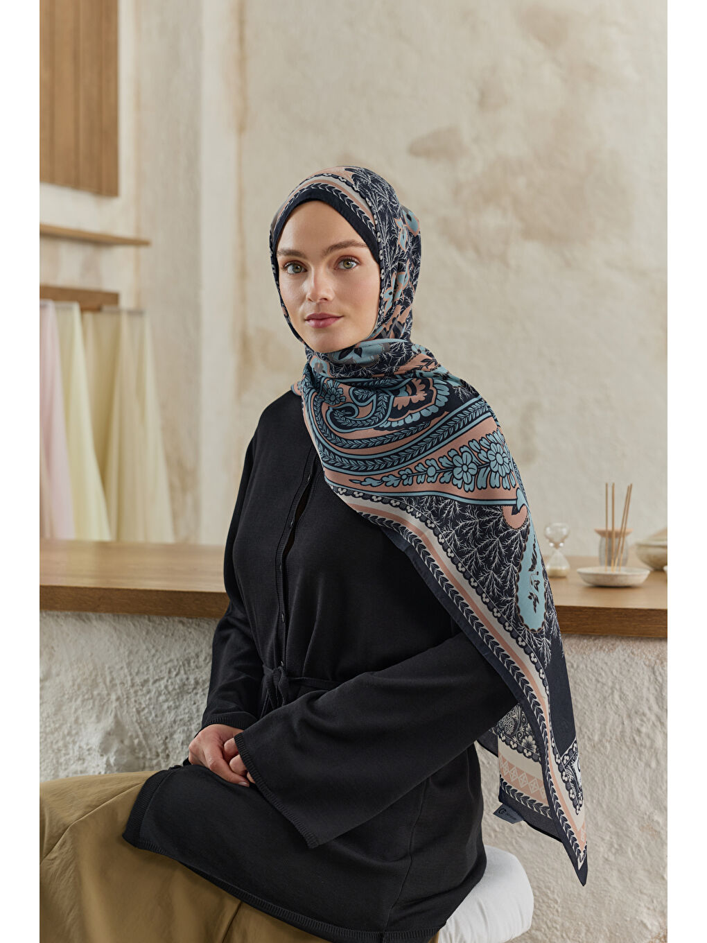 Pembe Cupra Prive Desenli Şal Blossom Somon-1