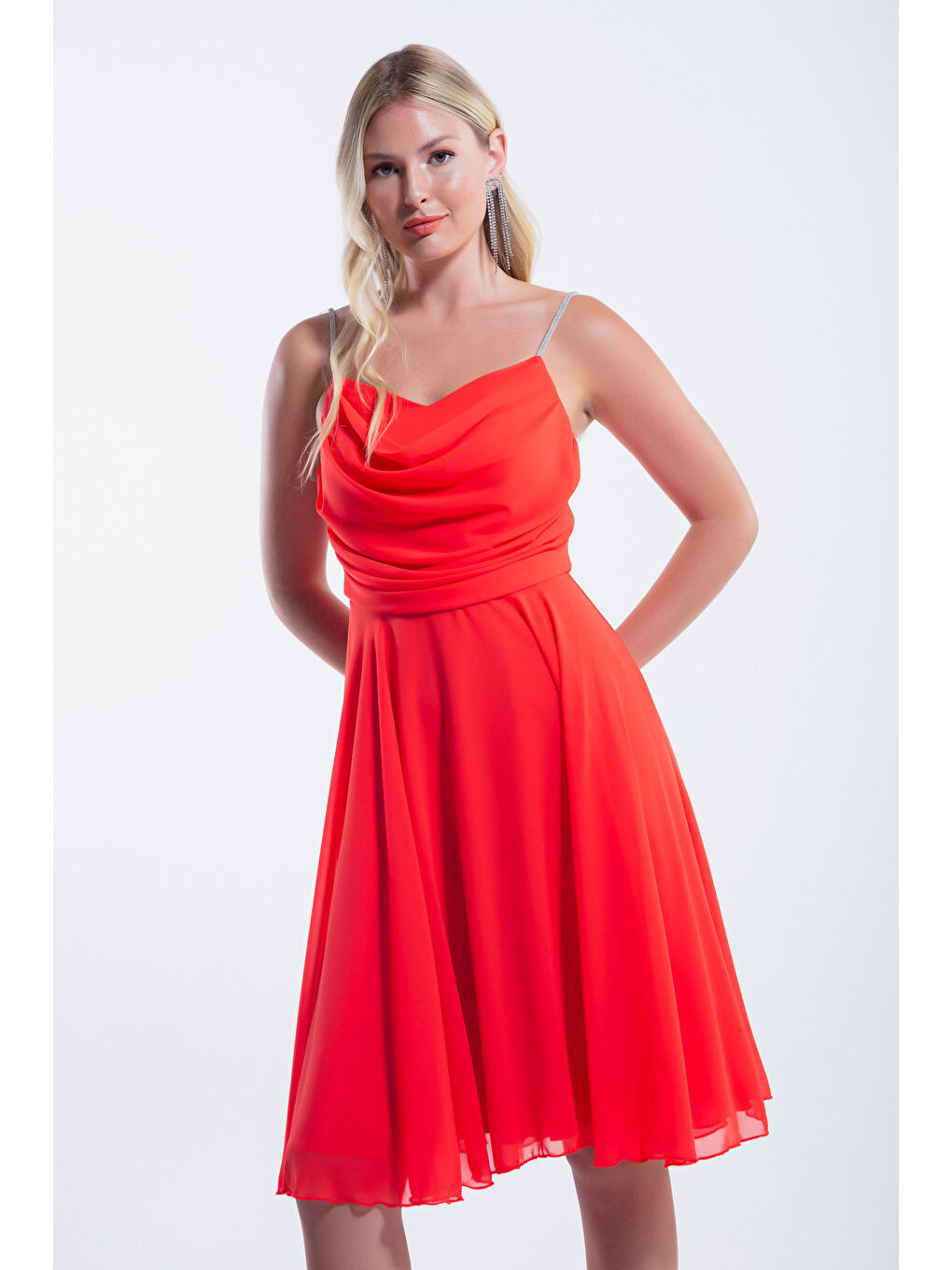 Pembe Kadın Mercan Taş Askılı Midi Abiye Elbise-3