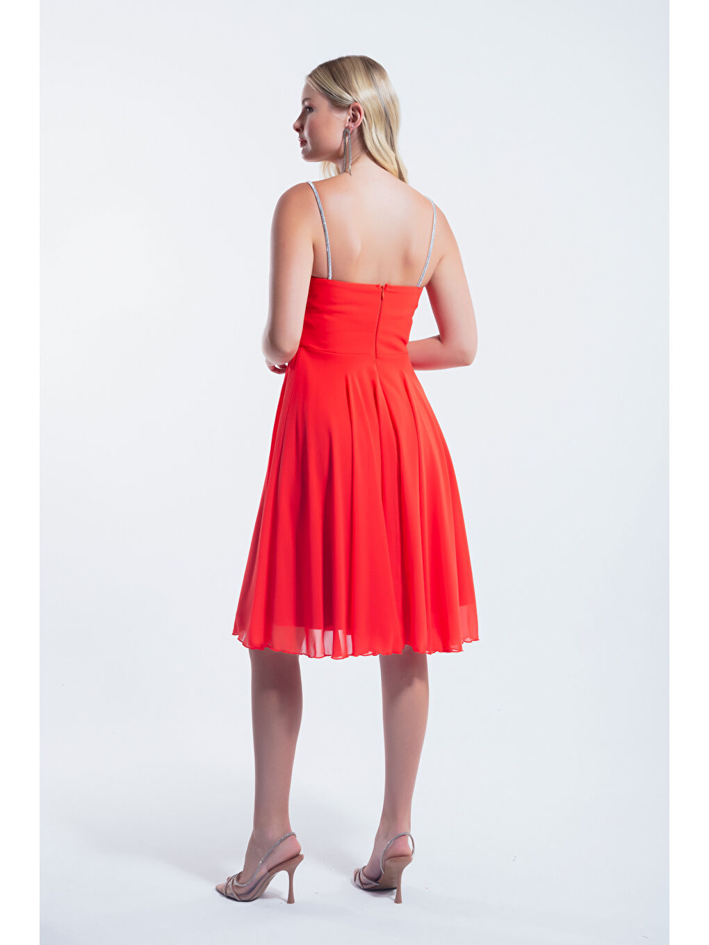 Pembe Kadın Mercan Taş Askılı Midi Abiye Elbise-4