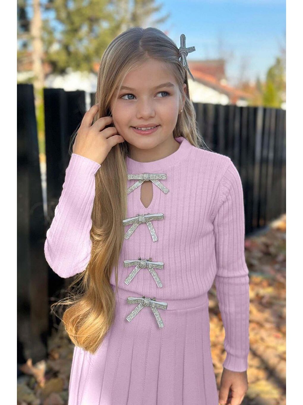 Kız Çocuk Bisiklet Yaka Önden Kurdela Detaylı Kazak Pliseli Triko Pembe Etekli Takım-1